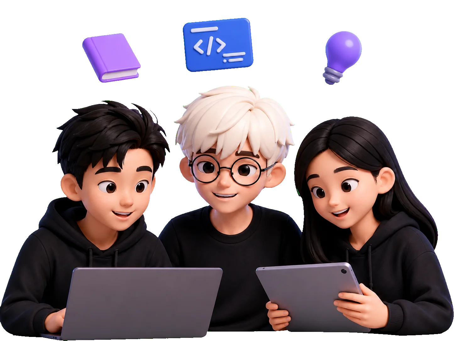 小加同学与两位青少年学习者围绕电脑和画板共同探索 AI