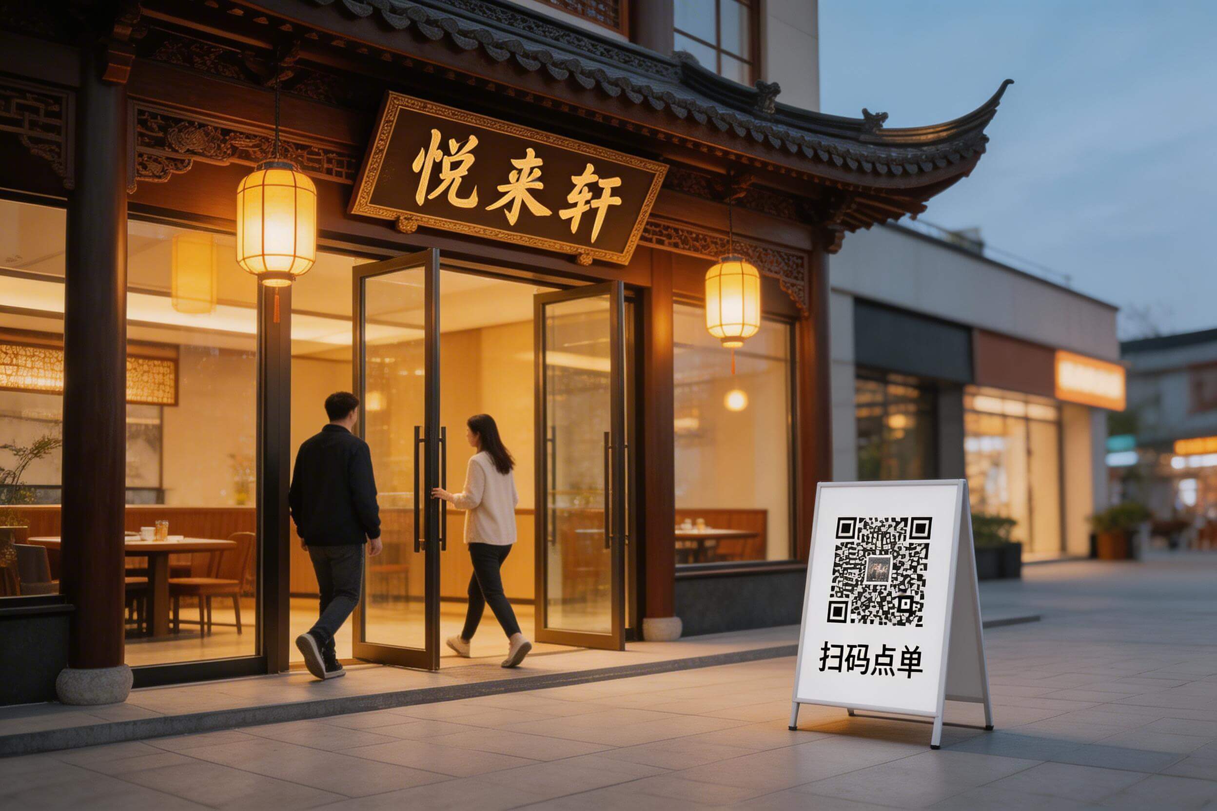 餐厅店铺正门全景,门口有二维码立牌,顾客进店